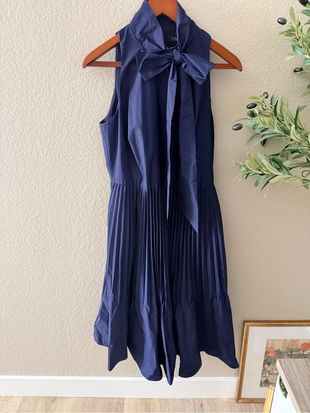 Ralph Lauren Navy Sleeveless Bow-Tie Pleated Midi Dress